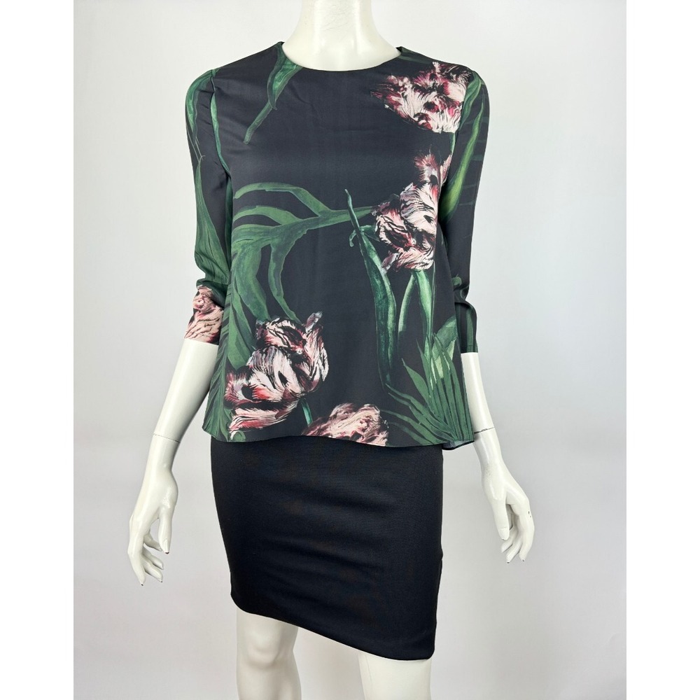 Ted Baker Danetta Floral Dress Women 1 XS 3/4 Sleeve Crew Neck Zip Closure